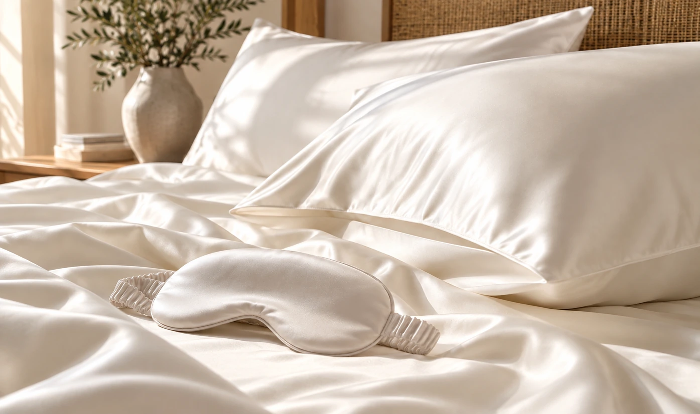 Ivory satin pillowcases with matching sleep mask on a softly styled bed